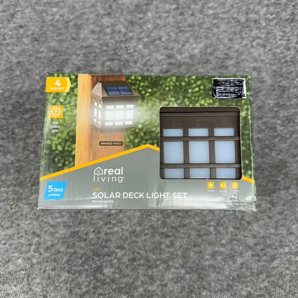 Real Living LED Solar Deck Light Set Bronze Finish 4 Count Rechargeable‎ Outdoor